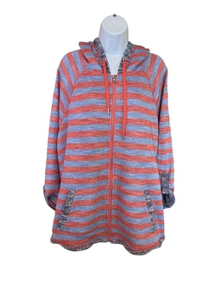 Ruby Rd. Woman 1X Striped Hoodie Jacket Coral Blue Textured Zip Up Boho Cozy - Image 1 of 4