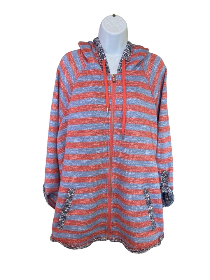 Ruby Rd. Woman 1X Striped Hoodie Jacket Coral Blue Textured Zip Up Boho Cozy - Image 1 of 4