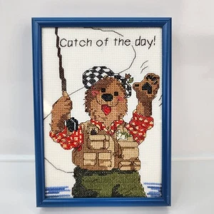 Retro Cross Stitch Framed Catch of the Day Dad Bear Fly Fishing 7x5 Art Handmade - Picture 1 of 7