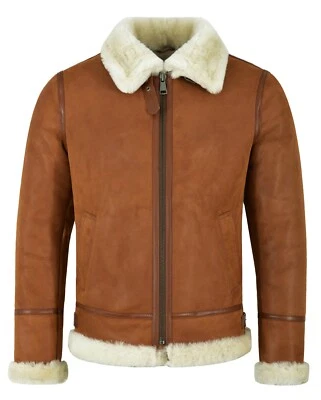 Men’s B3 Shearling Sheepskin Jacket Tan Whisky Beige Fur Bomber Pilot RAF NV-65 - Image 1 of 4