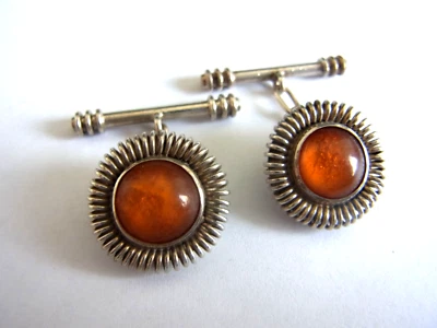 Manschettenknöpfe Silber 835 Bernstein sign. Otto Scharge Bauhaus - Bild 1 von 4