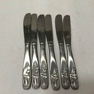Vintage Ameta Stainless Embossed Raised Deer Faun Design 6 Spread Knives Korea - Picture 1 of 7