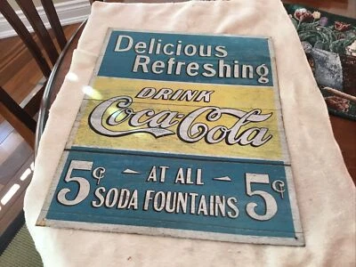 VINTAGE COCA COLA SODA 5 CENTS AT FOUNTAINS METAL TIN SIGN - 12”x16” RARE COLORS - Image 1 of 4