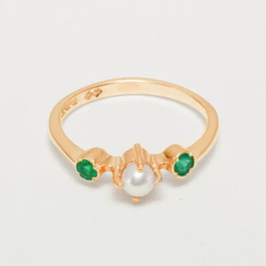 14k Rose Gold Cultured Pearl Emerald Womens Trilogy Ring - Sizes 4 to 12 - Picture 1 of 4