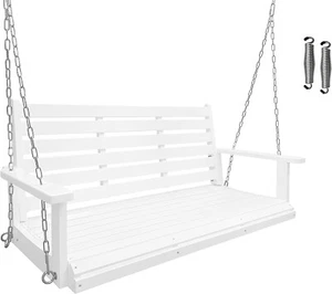 Wooden Porch Swing Bench 2-Seater Ergonomic Seat Outdoor Patio Garden Yard White - Picture 1 of 7