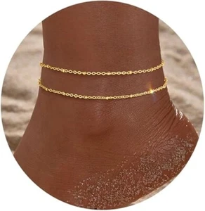 2 Pack 14K Gold Filled Anklets Simple Teardrop Chain Set Bracelets Jewelry Gift - Picture 1 of 6
