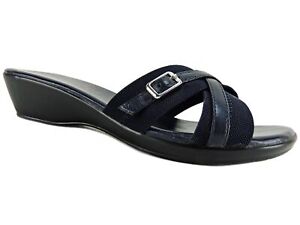 Callisto of California Women's Babcok Wedge Slide Sandals Navy Stretch Size 6 M