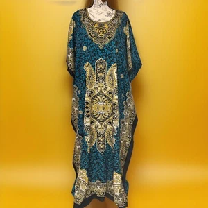 Santa Fe Classics Blue & Gold Kaftan Maxi Dress Flowing V Neck One Size Beaded - Picture 1 of 18
