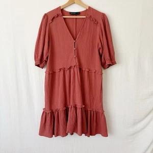 Decjuba Dress Size 10 Brown Rust Textured Cotton Button Tiered Puff Sleeve - Picture 1 of 11