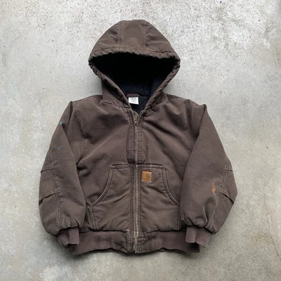 Carhartt Hooded Active Jacket Brown Canvas Quilted Lined Youth Size Small 8/10 - Image 1 of 4