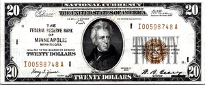 1929 $20 Federal Reserve Banknote (Minneapolis) VF-CVF Fr. 1870I SN I00598748A - Picture 1 of 3