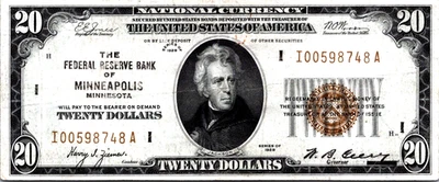 1929 $20 Federal Reserve Banknote (Minneapolis) VF-CVF Fr. 1870I SN I00598748A - Image 1 of 3