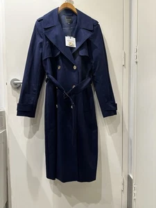New PORTMANS Navy Blue Trench Coat 14 Stretch Jacket Lined Gold Buttons Belt - Picture 1 of 10