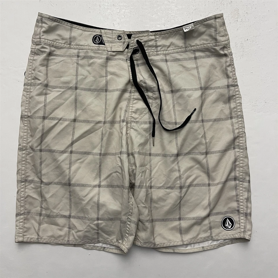 Volcom 34 x 9" Beige Windowpane Print Drawstring Board Shorts - Image 1 of 4