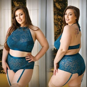 Fantasy Lingerie-Curve-Shay Halter w/High Waist Panty and Removeable Garter Teal - Picture 1 of 12