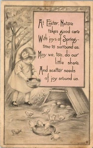 Vintage Easter Postcard ~ Child Feeding Chicks ~ Scatter Seeds of Joy  - Picture 1 of 3
