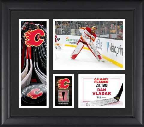 Dan Vladar Calgary Flames FRMD 15" x 17" Player Collage with a Piece of GU Puck Cover
