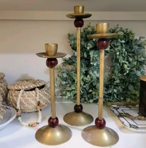 Vintage Graduated Taper Brass Candlestick Ruby Glass Balls Set Of 3 Retro Boho - Picture 1 of 7