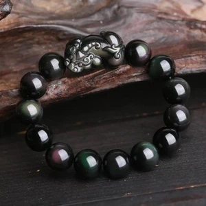 Natural 10mm Rainbow Obsidian Pixiu Beads Healing Reiki Protection Bracelet - Picture 1 of 6