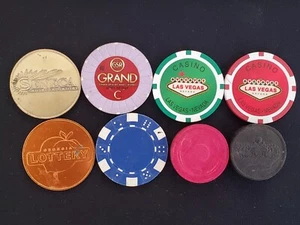 Lot (8) Vintage Casino Chips Lottery Tokens Coins VEGAS GRAND SIERRA SENECA WOOD - Picture 1 of 6