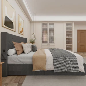 Full Size Bed Frame Gas Lift Storage Bed Modern Wingback Headboard USB Ports - Picture 1 of 12