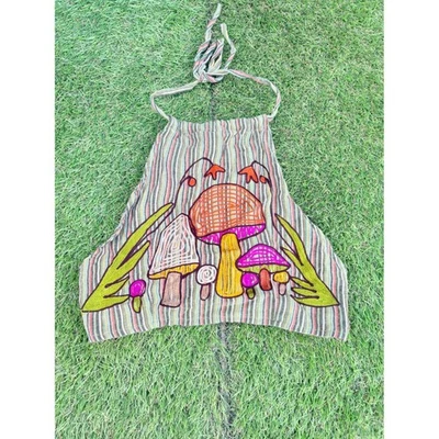 Boho Mushroom Embroidered Halter Crop Top Striped Festival Hippie - Image 1 of 4