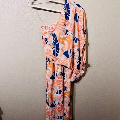 Vestido maxi rosa lírio tropical um ombro fenda lateral coral férias na praia tamanho XS - Imagem 1 de 4