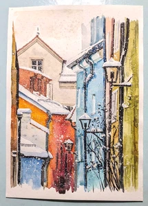 Winter Cityscape Watercolor Painting Snowy Old European Town Street Snowy Roofs - Picture 1 of 12