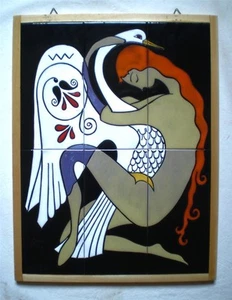 Greek Tile Art Studio Ceramic Enamel Leda and Swan Mythology Erotic Tsakirakis. - Picture 1 of 10