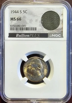 1944 D Jefferson Nickel NGC MS66/U.S. WWII Era M6 Bazooka Bag Fragment - Image 1 of 4