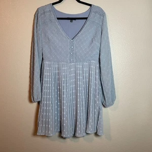 Lulus Poetic Love Dusty Blue Swiss Dot Long Sleeve Plissee Mini Dress Size M - Bild 1 von 13