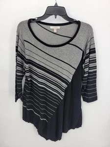 Suéter Roz and Ali para Mujer Plus 2X Negro Gris Rayas Dobladillo Asimérico Pullover - Imagen 1 de 10