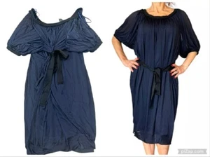 DONNA KARAN NEW YORK MADE ITALY NAVY SILK JERSEY DOLMAN BELTED BLOUSON DRESS P - Picture 1 of 13