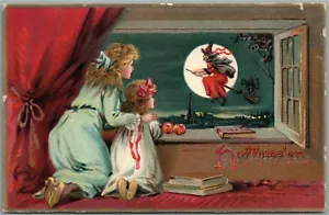 HALLOWEEN RAPHAEL TUCK SERIE 150 POSTAL ANTIGUA BRUJA VOLADORA EN LA VENTANA - Imagen 1 de 2