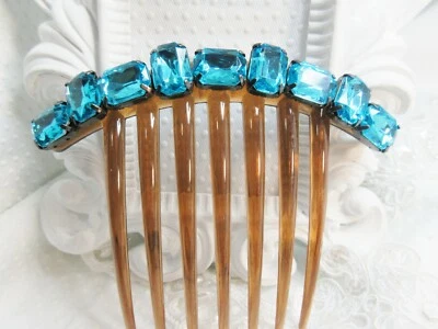 Turquoise Rhinestone French Hair Comb, Blue Mermaid Large French Hair comb - Image 1 of 4