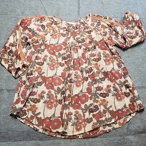MYSTREE Top Womens Medium Fall Floral Long Sleeve Tunic Blouse Boho Nuetral NWOT - Picture 1 of 13