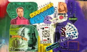 STEVE KAUFMAN "LAS VEGAS ICONS COLLAGE" | UNIQUE HAND PAINTED CANVAS | 26X46" - Picture 1 of 3