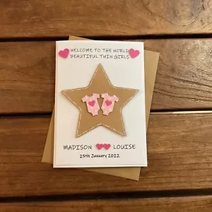 Handmade new baby twin girls - personalised with names " welcome to the world" - Picture 1 of 4