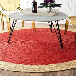 Red Round Braided Rug 100% Natural Handmade Jute Carpet Living Rustic Look Area - Picture 1 of 3
