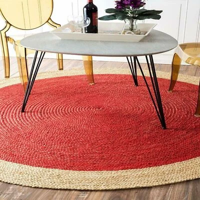 Red Round Braided Rug 100% Natural Handmade Jute Carpet Living Rustic Look Area - Image 1 of 3
