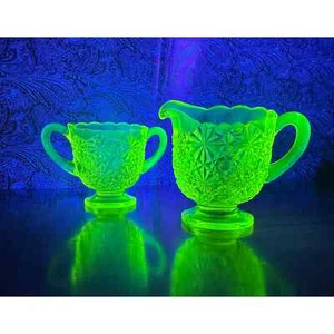 Vintage Vaseline daisy and buttons open sugar and creamer set by Degenhart glass - Picture 1 of 10