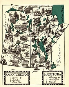 1940s Antique SASKATCHEWAN and MANITOBA Canada Picture Map Animated Map 5199 - Picture 1 of 2