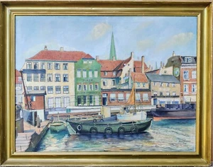 Svend Aa. Larsen: CANALE DELLA CITTÀ NELLA VECCHIA ELSINORE, dipinto ad olio originale. - Foto 1 di 7