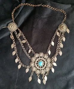 Turquoise Filigree Silver Tone Antique Bib Necklace With Defects 18" Unsigned - Picture 1 of 8