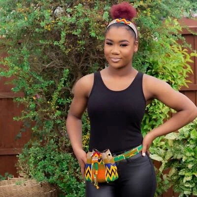 African print yellow kente mini bucket waist belt crossbody top handle Bag - Image 1 of 4