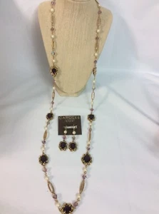 Statement Carolee Lux lila Kristall Kunstperlen goldfarben Halskette Ohrringe Set - Bild 1 von 3