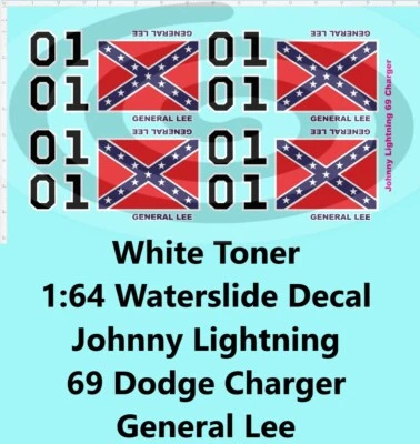 White Toner 1:64 Waterslide Decal Johnny Lightning 69 Dodge Charger General Lee - Image 1 of 4