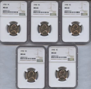 (5) 1950 Jefferson Nickel bewertet von NGC MS64 - Bild 1 von 1