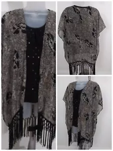 Body Central Size M Beige Black Paisley, Fringe, Sheer, Open Front Bolero Jacket - Picture 1 of 14