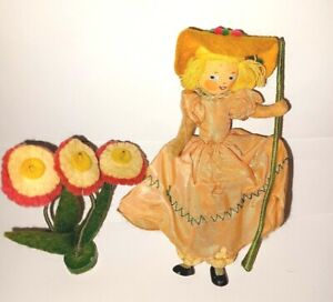 Vintage BAPS Dolls Germany Felt Cloth Doll Mary Mary Quite Contrary Flowers 